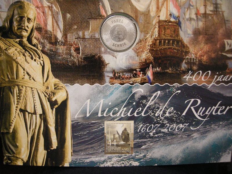 5 Euromunt Michiel de Ruijter + Zegels in Map (afbeelding voor) 5 Euromunt Michiel de Ruijter + Zegels in Map